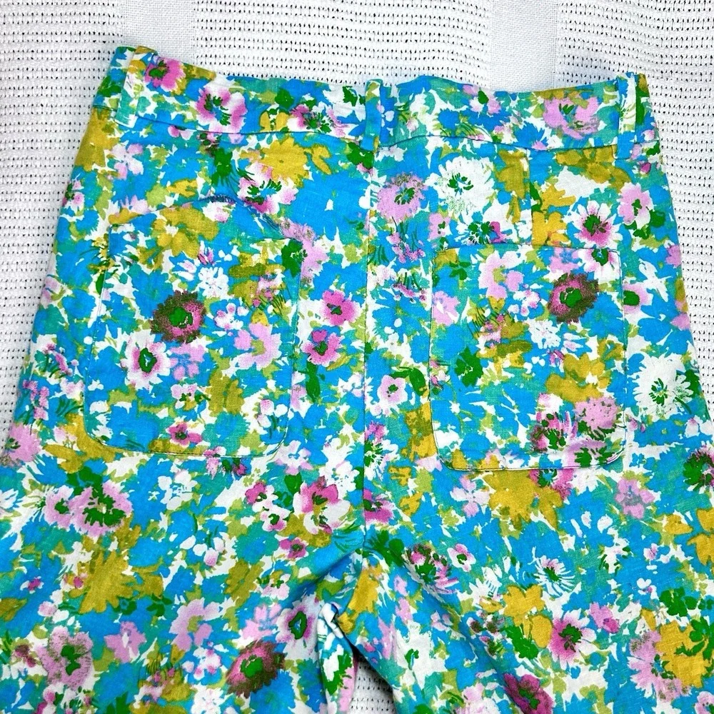 Zara Size 6 Floral Linen Blend Mini Flare Cropped Trouser Pants Spring Beachy